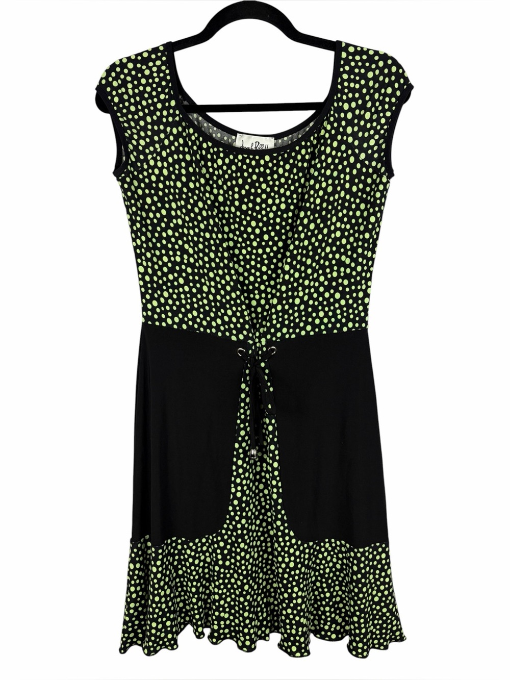 Joseph Ribkoff Size 10 Black Lime Polka Dot Lace Up Dress